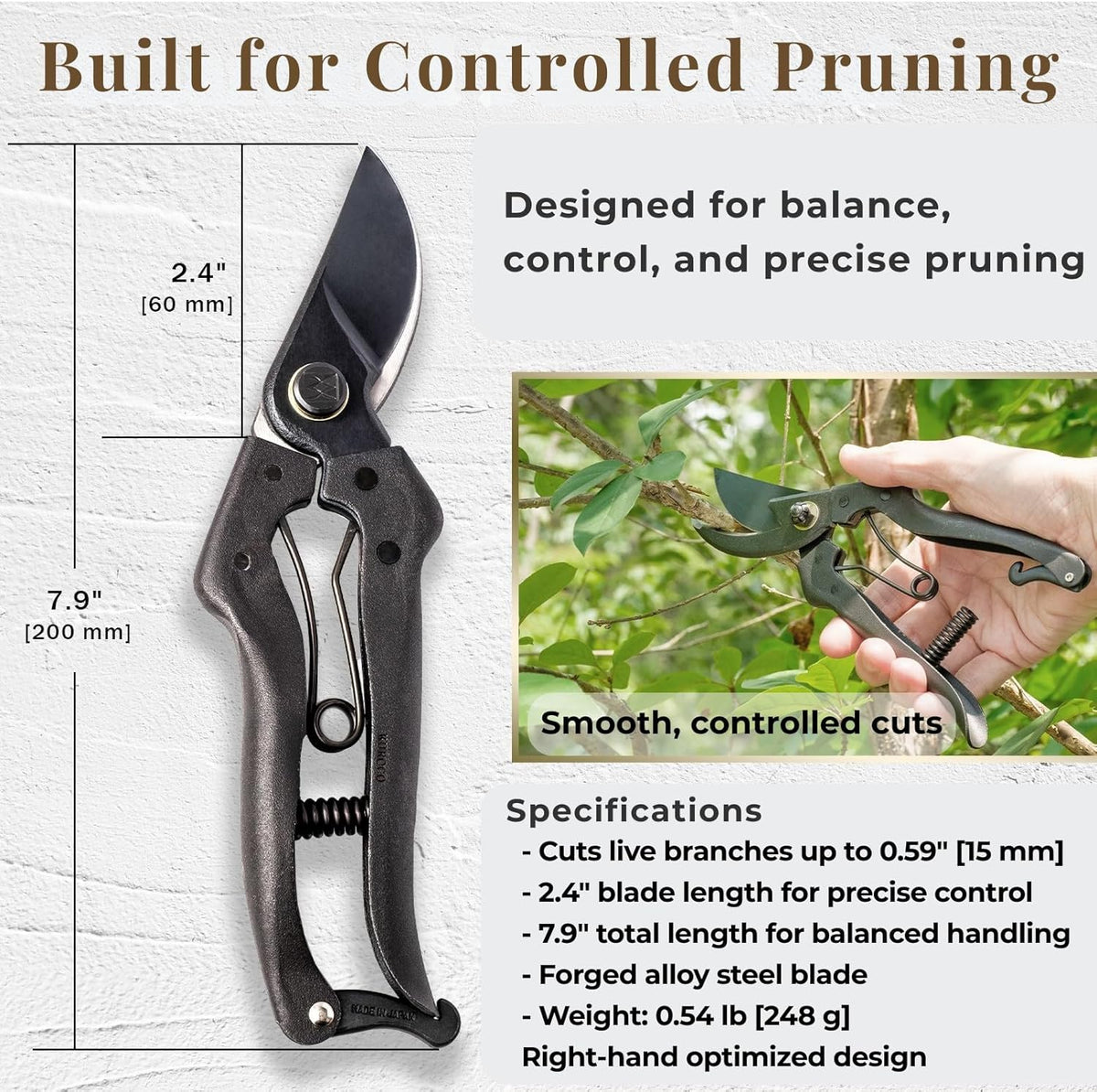 Japanese Pruning Shears, Bypass Garden Pruner 7.9", Made in Japan