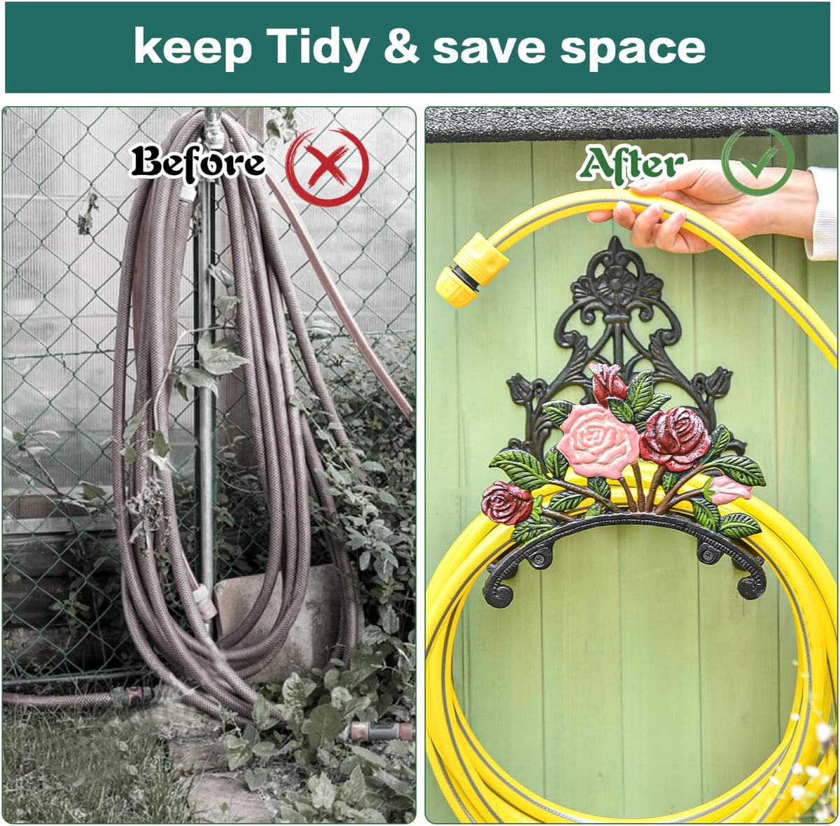 Cast Iron Heavy Duty Garden Hose Holder - Decorative Hand-Painted Sunflower Wall Mounted Water Hose Hanger - Wall Decoration Hanging Hose Rack - Hose Reel Storage Butler - Metal Hose Stand