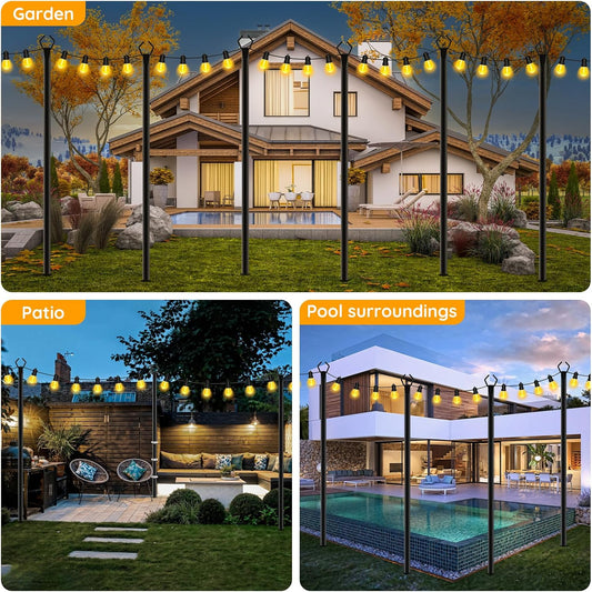 6 Pack String Light Poles, Outdoor String Light Pole 10 ft Forked Metal Light Pole with Adjustable Outdoor Light Stand, Deck, Backyard, Garden, Wedding, Rustproof and Sturdy with Hooks.