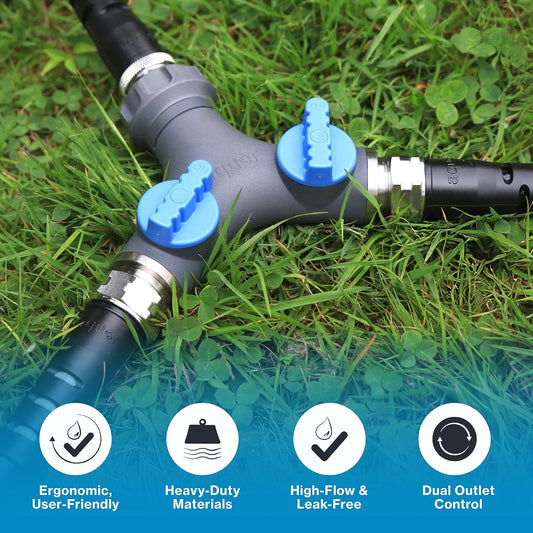 Aquor Garden Hose Y-Splitter – 2 Way Garden Hose Y Connector with Shut-Off Valves – Heavy-Duty, High-Flow, Leak-Free, UV & Corrosion Resistant, Fits Standard Outdoor Faucets 3/4 inch GHT