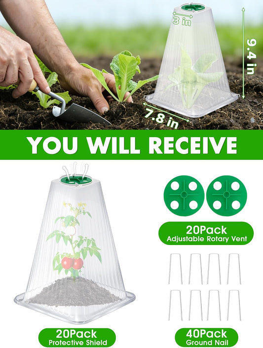 20 Pack Garden Cloches for Plants,9.4" H X 7.8" D Reusable Bell Plant Protector with 40 Ground Stakes and Rotary Vent Cover,Plant Covers Freeze Protection from Animals Snails Birds Chickens (White)