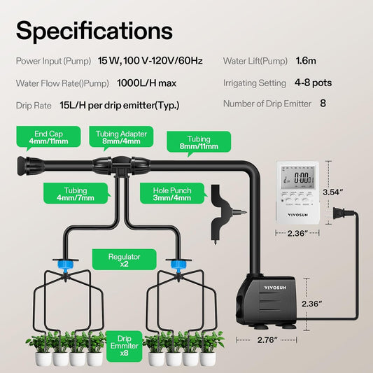 Professional Automatic Drip Irrigation Kits, 15W Output, All in One Professional Grow Kit- Includes Pump, Timer and Regulator, 8 Drip Emitters Garden Plant Watering System Indoor Outdoor