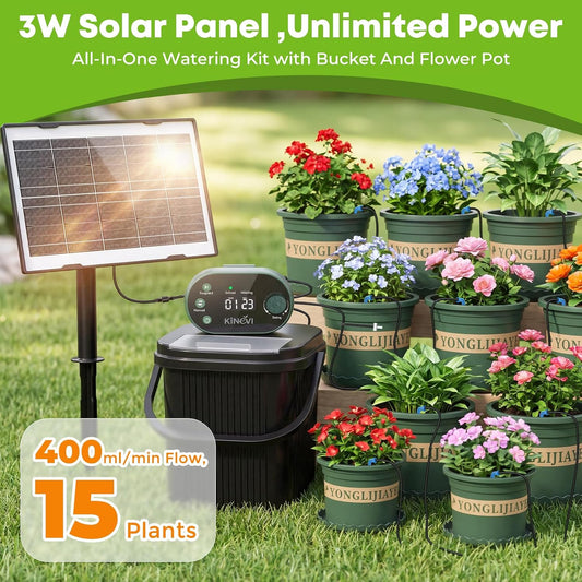 Solar Drip Irrigation System Kit, Auto Plant Waterer for 15 Pots