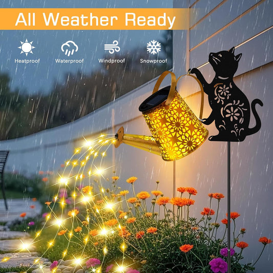 Solar Garden Lights Outdoor Decor, Watering Can with Cat Stake, Waterproof