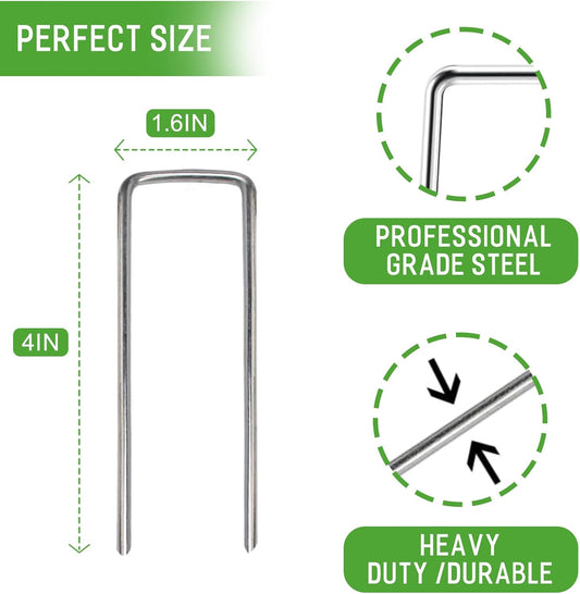 Landscape Staples Galvanized Garden Stakes,4 inch 50 Pack 12 Gauge Heavy Duty Garden Pins for Fences, Lawns, Weed Barriers and Landscape Fabrics, Irrigation Hose,Yard Lawn, Landscape Fabric.