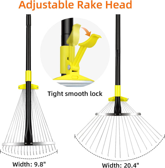 Byhargen Adjustable Metal Leaf Rake, Heavy Duty Garden Rake with Wide & Narrow Modes, Rustproof Steel Head, Adjustable Handle for Lawn Care, Yard Clean Up, and Mulch Spreading