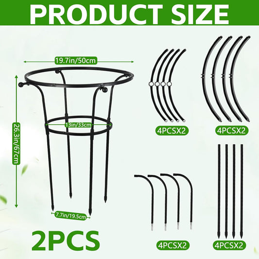2 Pack Large Peony Cages and Supports, 26" H x 20" D Grow Through Plant Support Rings, Sturdy Garden Trellis, Plastic Rings with Stainless Steel Core Stakes for Peonies, Roses & Top-Heavy Blooms