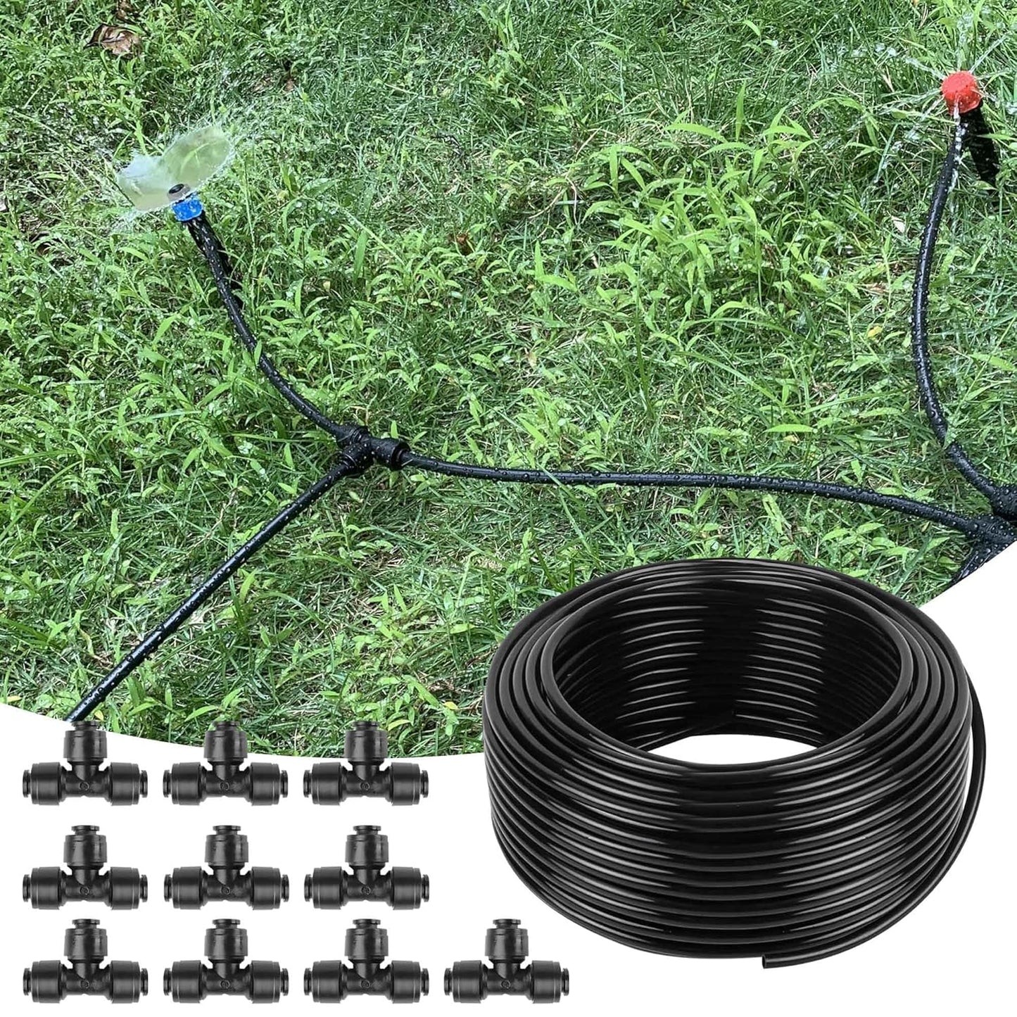 100FT 1/2 Inch Drip Irrigation Tubing with 10 Pack 1/2" to 1/4" Drip Irrigation Fittings, Drip Line Hose & Push-to-Fit 3-Way | 4-Way | 6-Way Splitter Connectors, for Drip Irrigation System