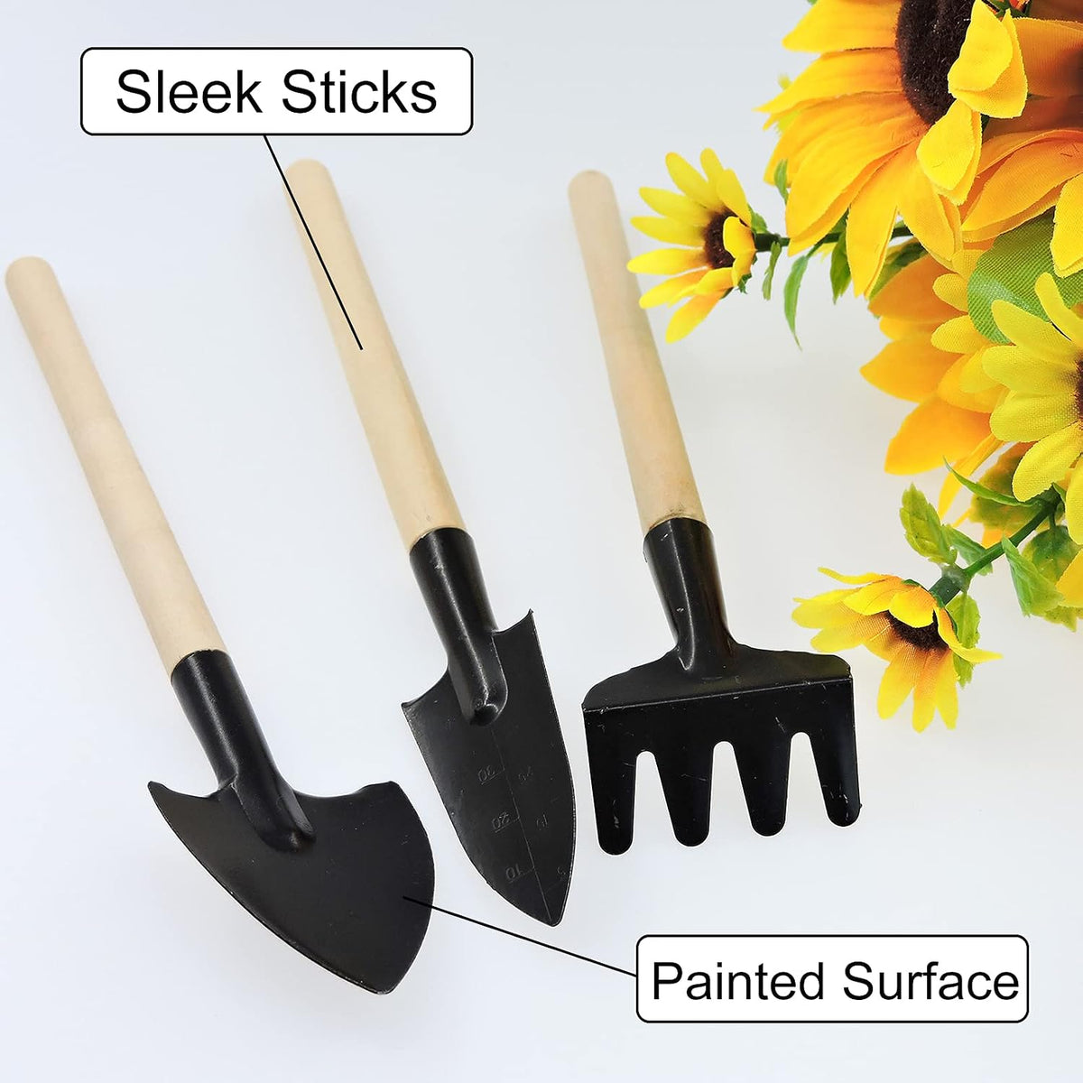 Andiker Mini Gardening Tools, 3pcs Portable Garden Hand Tools Set, Miniature Gardening Rake Trowel and Shovel for Seedlings, Bonsai, Succulents, Herbs, Terrariums and Planting (3pcs)