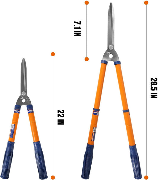 Hedge Clippers:Bush Clippers With Adjustable Length Handle and Wavy SK-5 Steel Blade,Hedge Shears for Pruning Borders and Bushes, Blue and Yellow