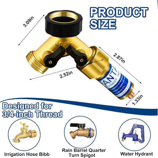 Outdoor Faucet Freeze Protector, Heavy Duty Brass Garden Faucet Freeze Prevention Valve Anti Freeze Winter Faucets Protection Cover with 2Way Hose Splitter for Farm Larm Yard Spigot for 3/4" Thread