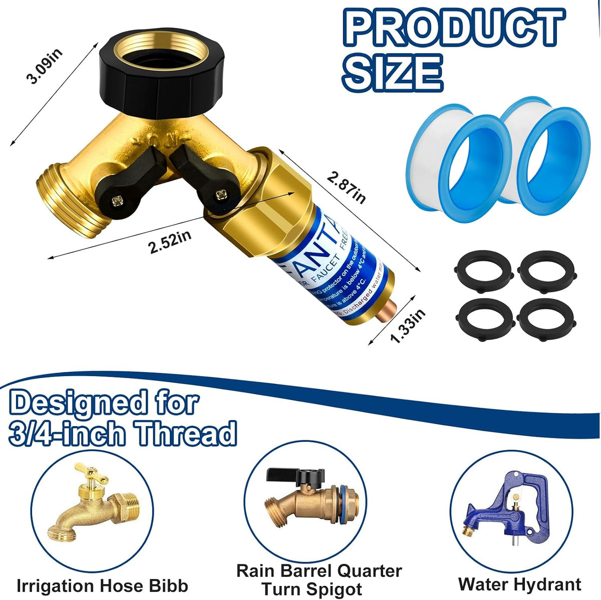 Outdoor Faucet Freeze Protector, Heavy Duty Brass Garden Faucet Freeze Prevention Valve Anti Freeze Winter Faucets Protection Cover with 2Way Hose Splitter for Farm Larm Yard Spigot for 3/4" Thread