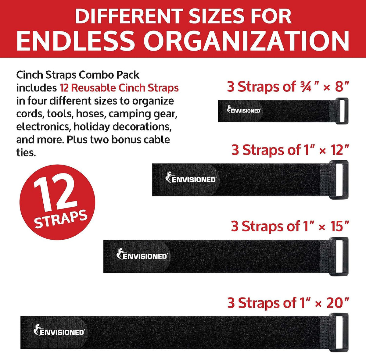 Reusable Cinch Straps 2" x 15" - 6 Pack, Multipurpose Strong Gripping, Quality Hook and Loop Securing Straps (Black) - Colors B