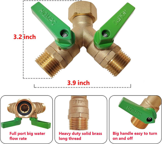 Garden Hose Y Valve Splitter With Metal Long Handle Brass Hose Splitter Big Water Flow Hole- Spigot Splitter 2 way 3/4" GHT Thread