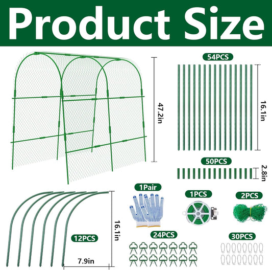 2 Packs Garden Cucumber Trellis for Plant- 47 x 47 Inch Metal Arch Melon Trellis for Raised Bed- Foldable Tunnel Trellis with Climbing Net Clips for Growing Vine Vegetable
