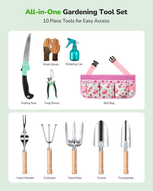 Gardening Tools 10-Piece Garden Tool Set, Rust Resistant, Pink