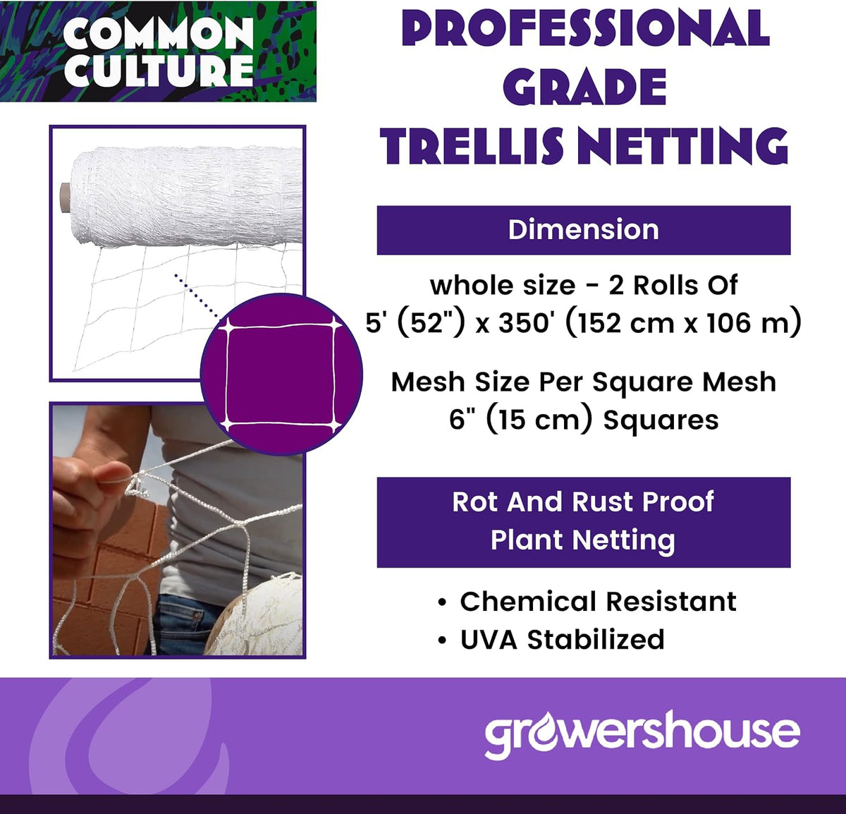 Professional Grade Trellis Netting Bulk Roll, 6.5ft x 4920ft (78" x 4920' | 1.98m x 1500m), 6" (15 cm) Squares, Heavy Duty Scrog Net with Trimming Scissors