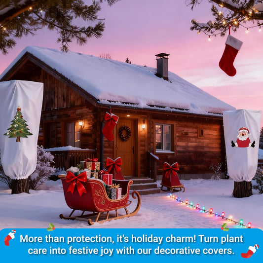 47" h x 32" w Plant Covers Freeze Protection -Reusable Tree wrap for Outdoor Plants,Cloths with Santa Claus Print, Zipper and Drawstring for Winter Frost Cloths for Outdoor Plants & Fruit Treesr-2Pack