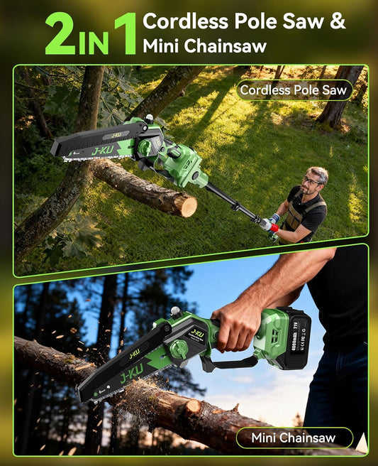 Electric Pole Saws for Tree Trimming: 6 Inch Mini Chainsaw Cordless with Extension Pole, 2x4000mAh Batteries, 21V Brushless Pole Saw Battery Powered Tree Trimmer 16 Ft reach Limb