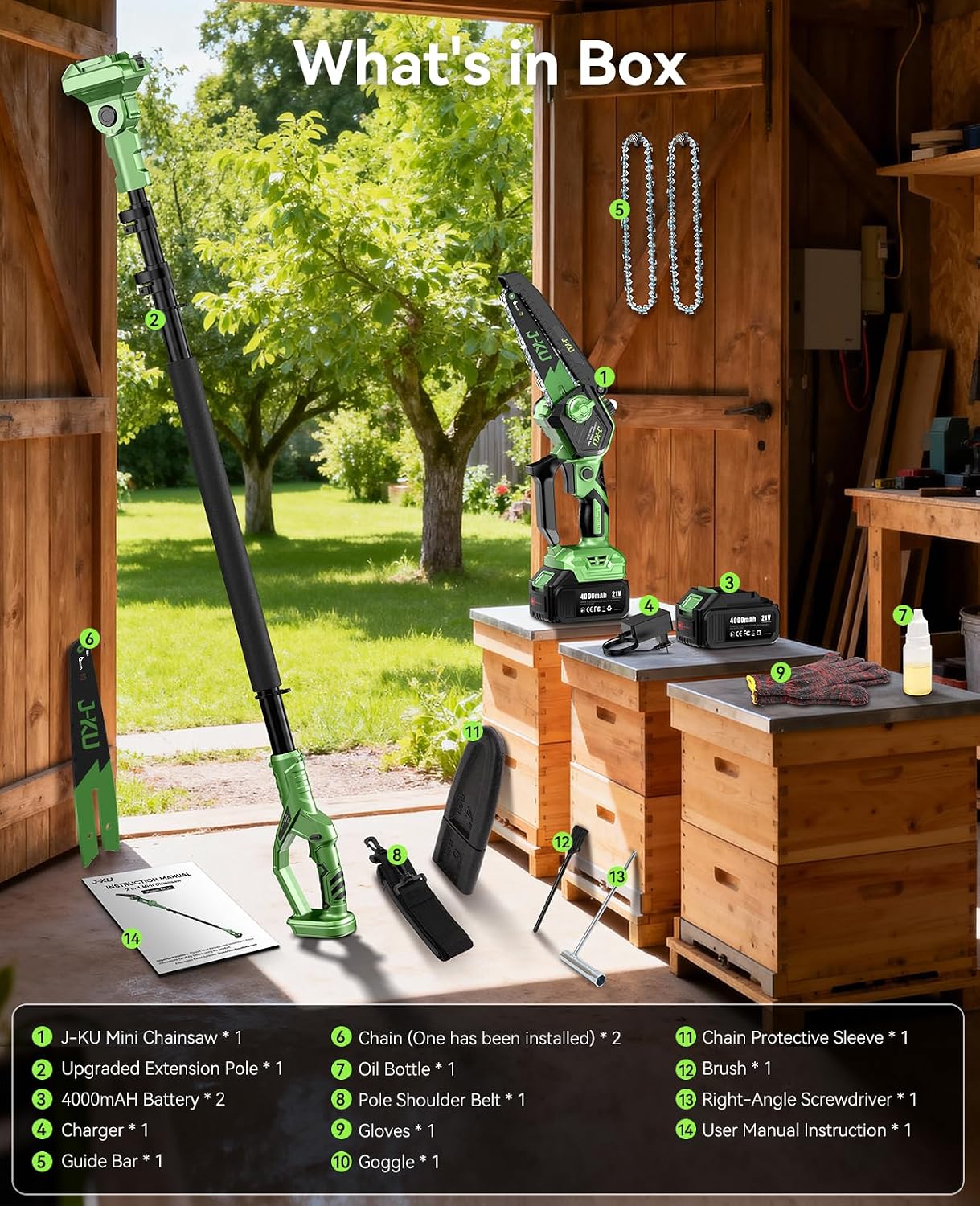 Electric Pole Saws for Tree Trimming: 6 Inch Mini Chainsaw Cordless with Extension Pole, 2x4000mAh Batteries, 21V Brushless Pole Saw Battery Powered Tree Trimmer 16 Ft reach Limb