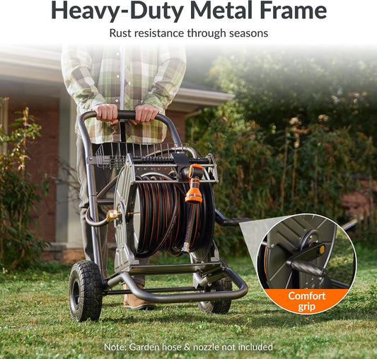 Garden Hose Reel Cart with Wheels, Heavy Duty Metal Water Hose Reel Cart, 200 ft of 1/2 Capacity, Mobile Hose Reel Cart for Outside