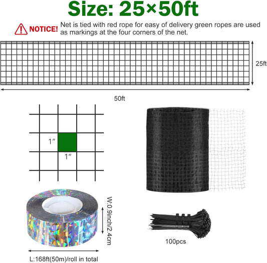 Bird Netting for Chicken Coop 25 X 50 Ft 1" Square Mesh Heavy Duty Chicken Run Netting Roof Cover Against Hawks, Eagles, Owls, UV Resistant, for Garden, Fruit Tree, Plant, Vegetable Protection