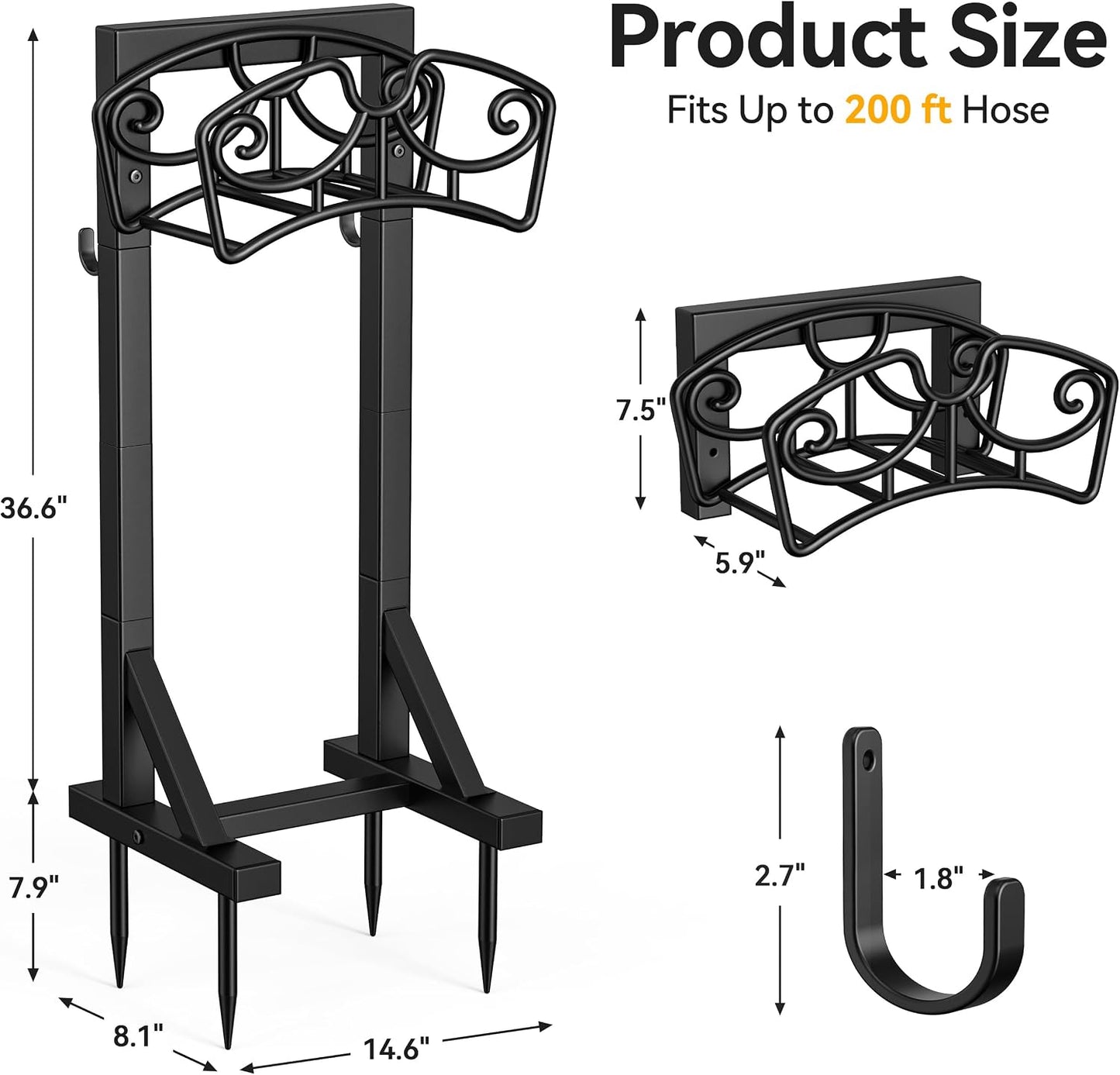 Garden Hose Holder Stand, Freestanding Metal Water Hose Storage Rack with Hooks for Outside Yard Lawn, Heavy Duty