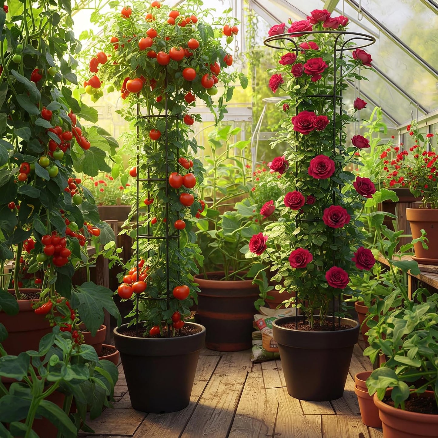2 Pcs 63 Inch Garden Obelisk Trellis for Climbing Plants Outdoor, Mushroom Top Flower Trellis Rustproof Metal Tomato Trellises for Potted Plants Rose Climbing Vine Tomato Cucumber Grape