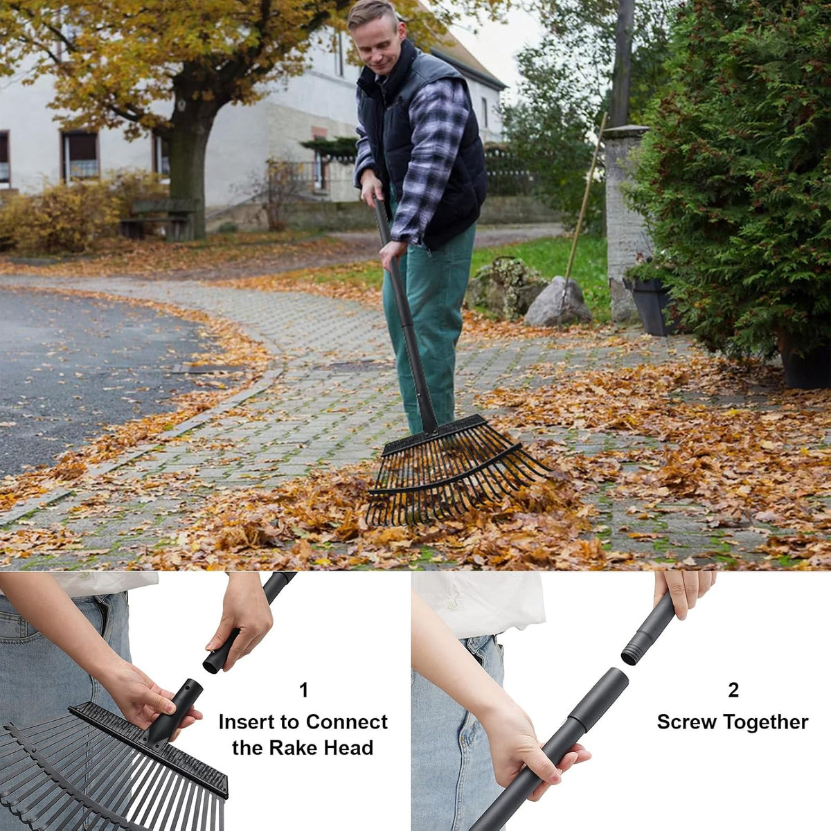 Small Rake for Leaves, 11 Tines Narrow Garden Rake, 60'' Long Handle Small Rakes for Dog Poop, Lawns, Flower Beds, Mulch, Shrub