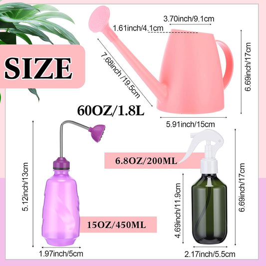 1/2 Gallon Long Spout Watering Can Set for Indoor & Outdoor Plants – Includes Spray Bottle, Squeeze Bottle, Watering Globes & Soil Moisture Meter for Garden & House Plants(Pink)