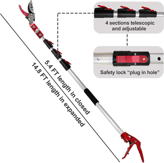 5.4-14.8 FT Tree Pruner Extendable 4 Sections, Telescopic Cut and Hold Trimmers Pole Saws Trimming Long Reach Pruning Shears Branch Cutter Clipper Bypass Lopper Fruit Picker