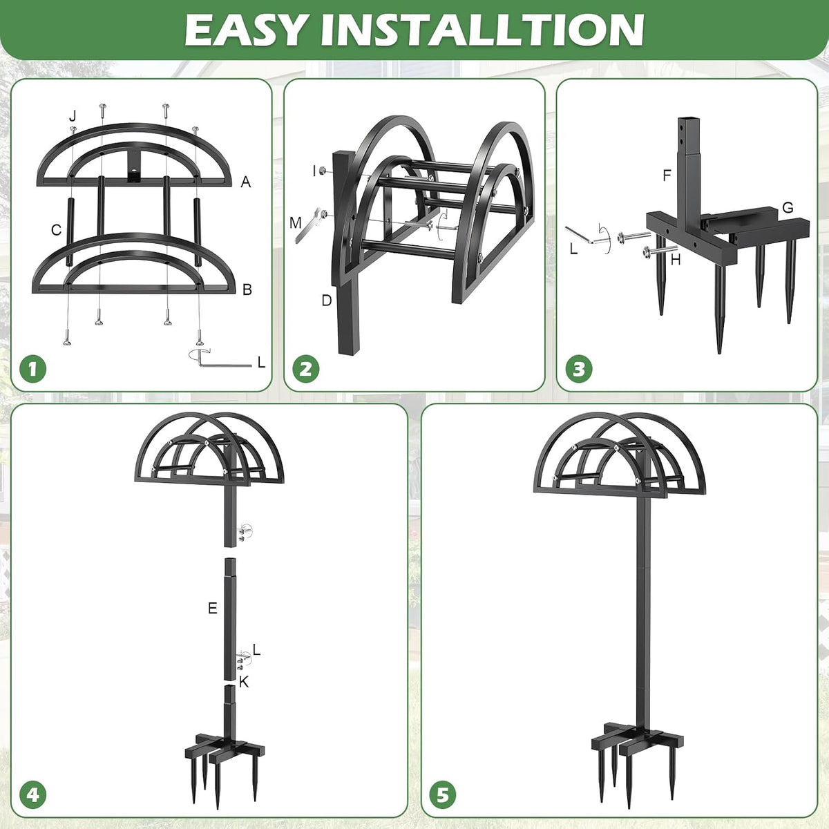 Garden Hose Holder 4 Spikes, Heavy Duty Freestanding Water Hose Holder Stand Holds 150-ft Hoses, Detachable Outdoor Metal Storage Hanger Organizer Rack for Outside Yard Lawn Farm