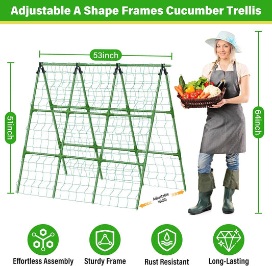 53x51 Inch Cucumber Trellis for Raised Bed, Adjustable A-Frame Garden Trellis for Climbing Plants Outdoor with Climbing Net, Meal Plant Trellis for Vegetables Pea Bean Tomato Grape Squash