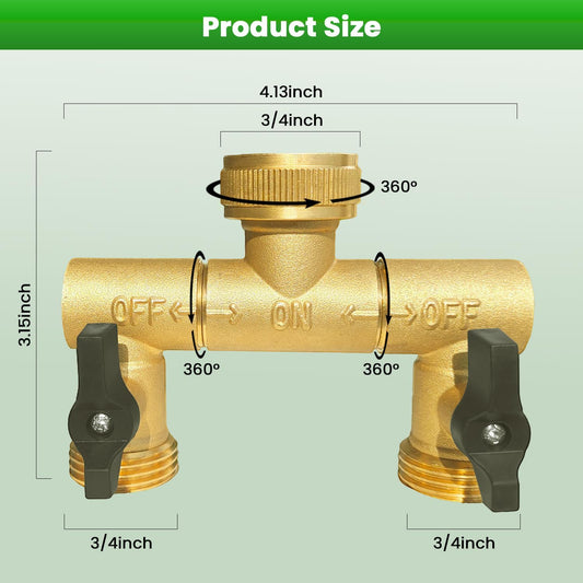 Hose Splitter, 360° Rotatable 2-Way Heavy Duty Brass Y Valve with Ingot-shaped Long Handle, Outdoor Garden Hose Connector, 3/4 Inch GHT Thread