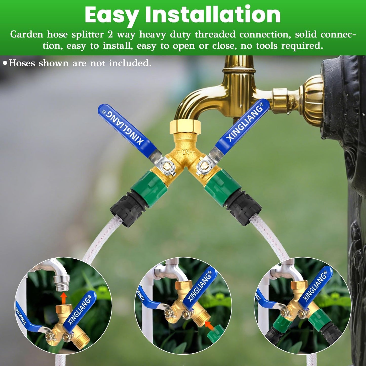 Hose Splitter, 360° Rotatable 2-Way Heavy Duty Brass Y Valve with Ingot-shaped Long Handle, Outdoor Garden Hose Connector, 3/4 Inch GHT Thread