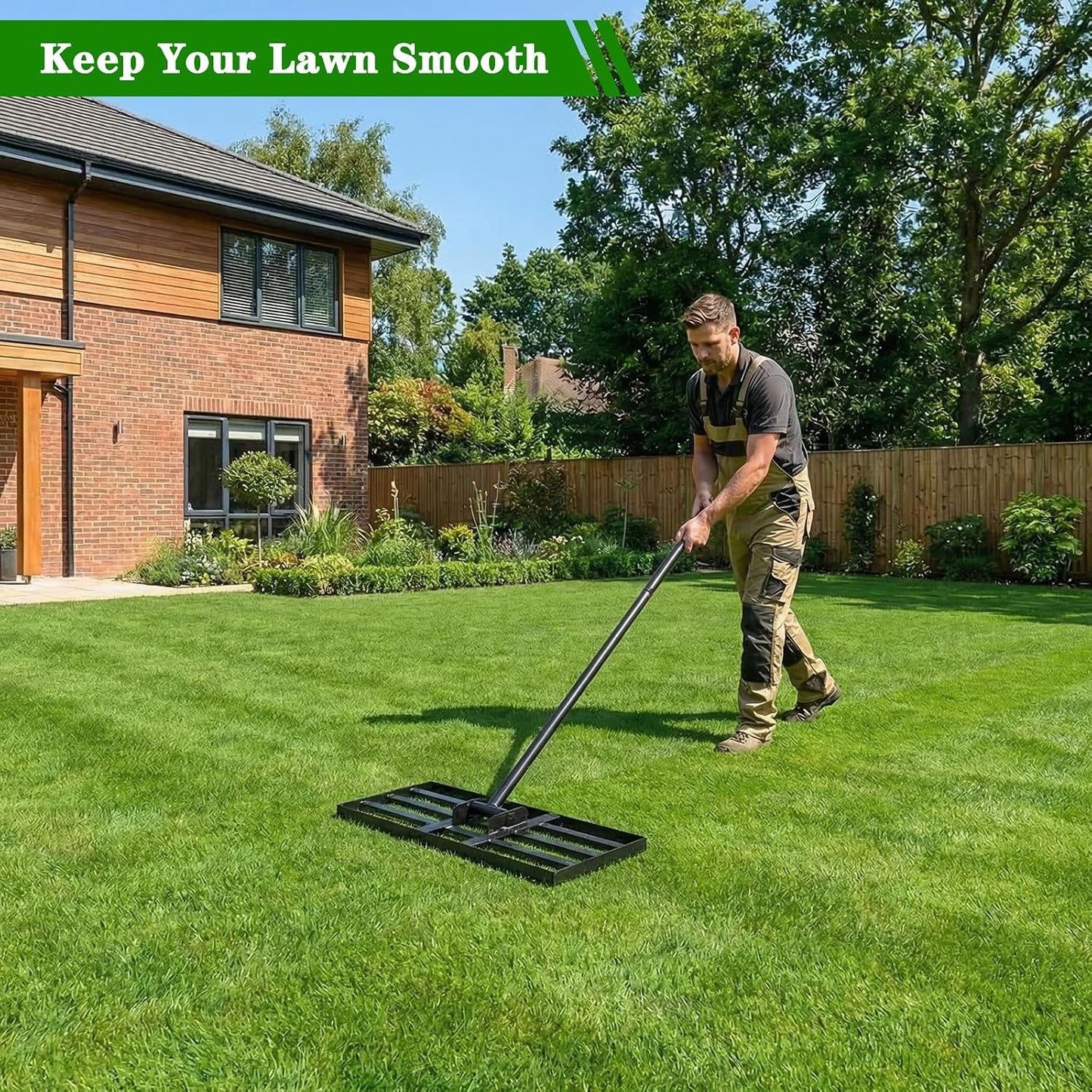 Lawn Leveling Rake for Small Yards & Spot Repair, 17x10 Professional Yard Leveler for Soil & Sand, Ergonomic Long Handle Landscape Rake, Black
