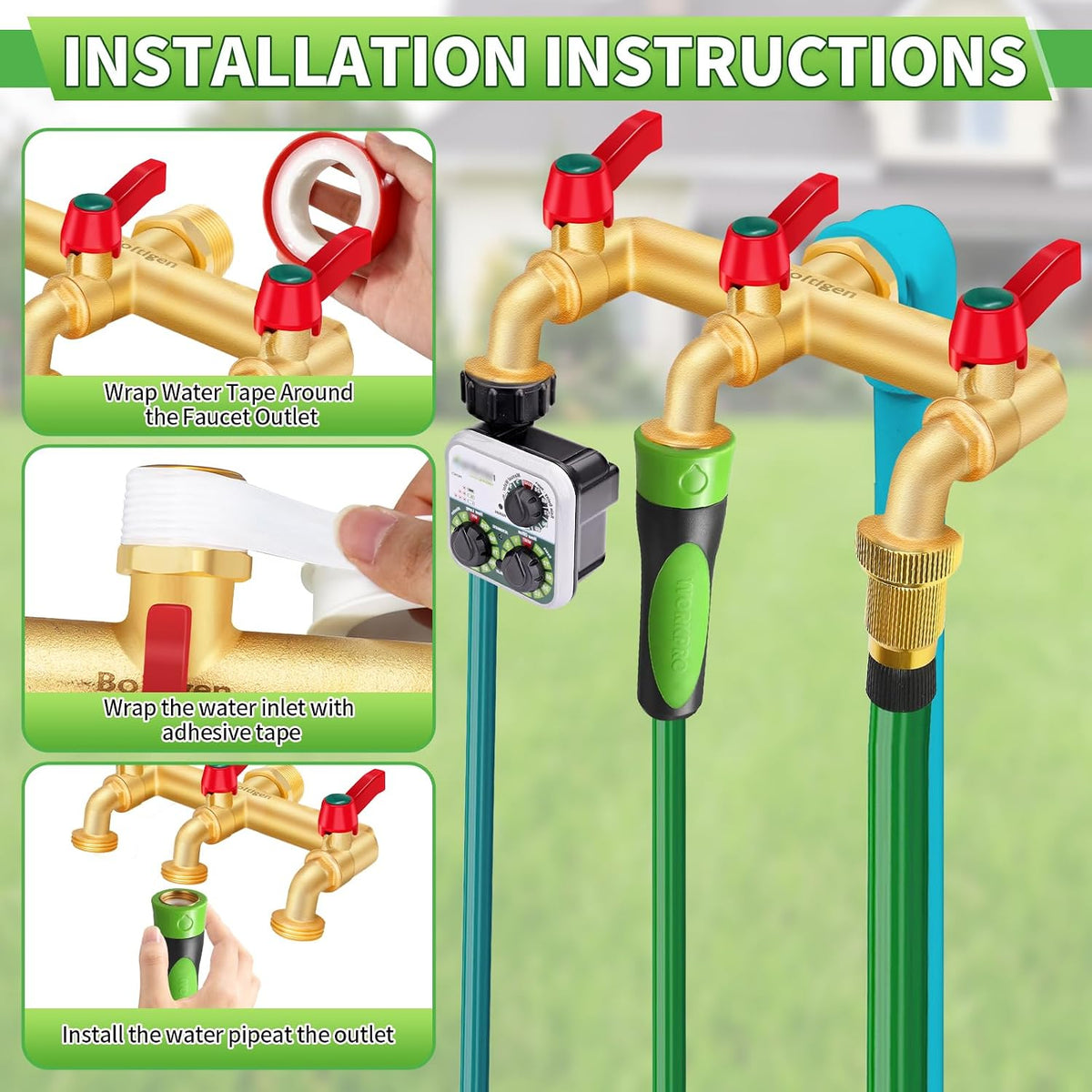 3 Way Water Hose Valve Splitter, Brass High Flow Garden Hose Faucet, 3/4 NPT Inlet to 3/4 GHT Outlet Garden Hose Manifold, Three Way Water Outdoor Splitter with Shut Off, Gold