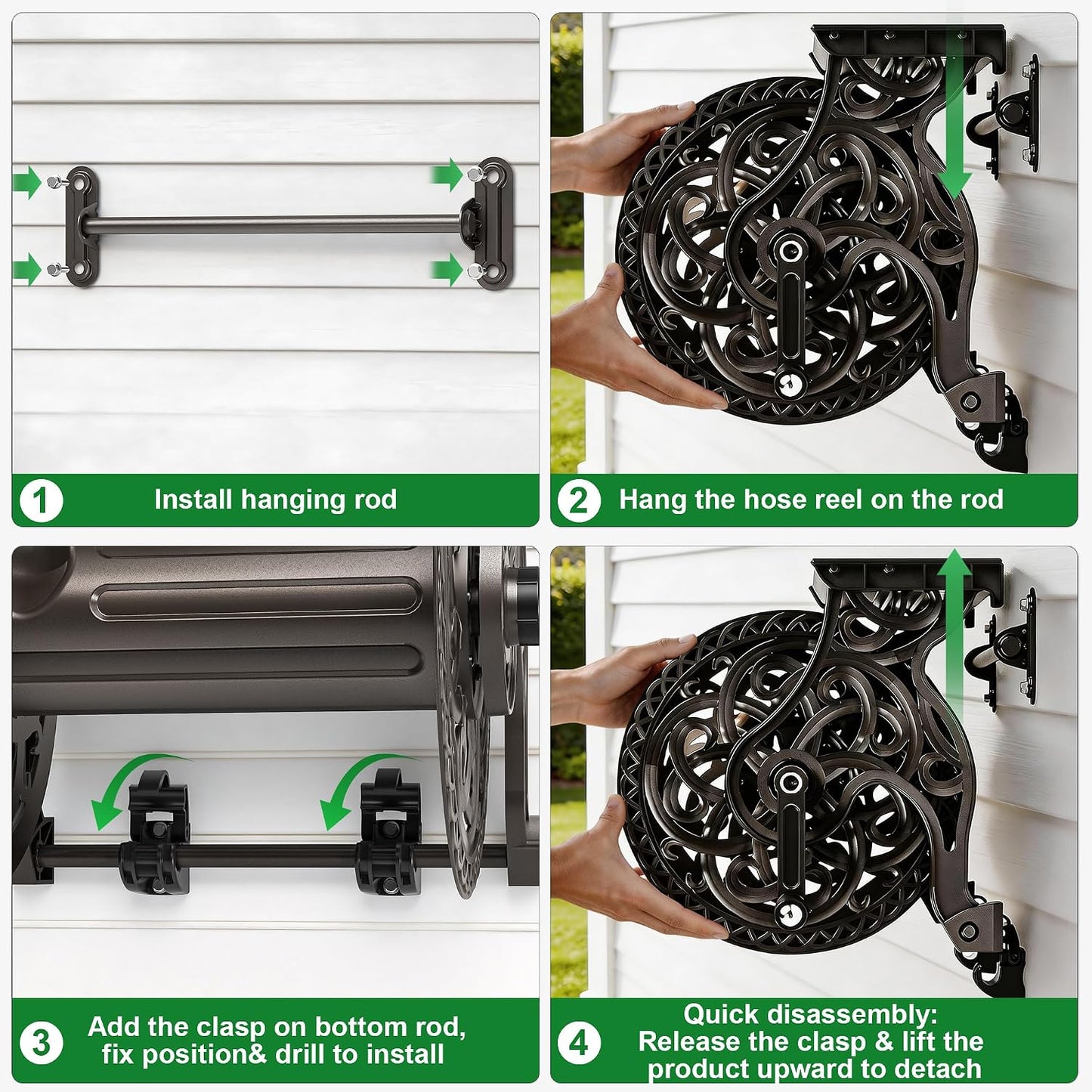 Garden Hose Reel Wall Mount Metal, Holds 125 ft x 5/8" Decorative Water Hose Holder for Outside Storage, Heavy Duty Aluminum Frame w/Shelf, No-Leak Aluminum Water System, Easy Assmbly, Dark Bronze