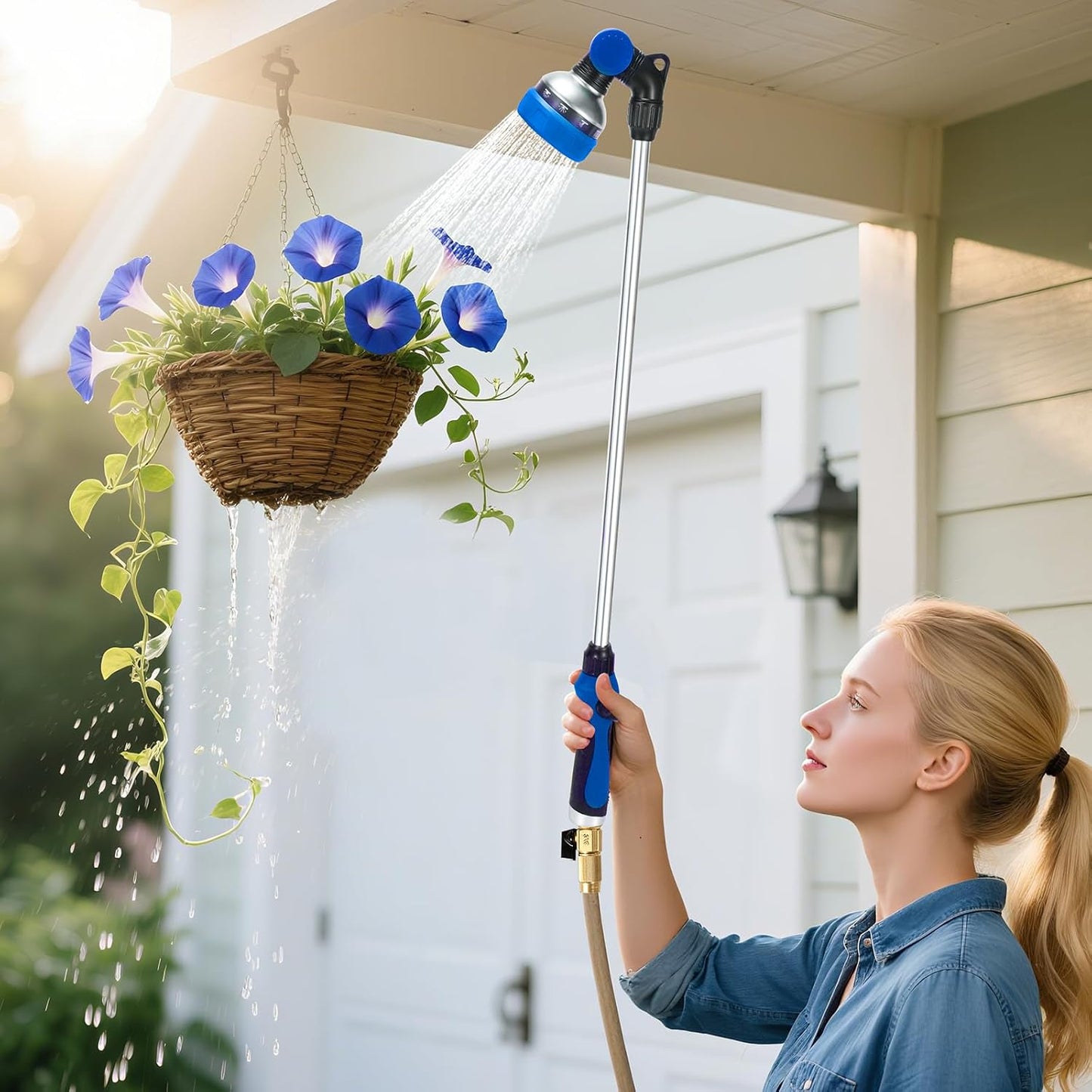Watering Wand for Garden Hose, 24 Inch, Heavy Duty, 10 Spray Patterns, Thumb Control Hose Nozzle with 180° Pivoting Head, Ideal for Hanging Baskets, Plants and Shrubs