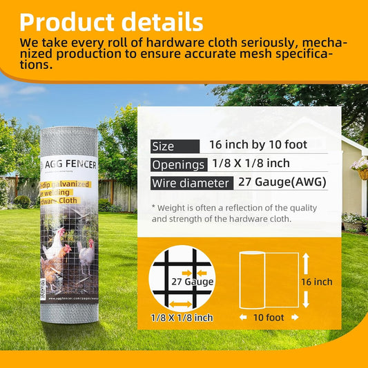 AggFencer 16in x 10ft Hardware Cloth 1/8 inch 27Ga Chicken Coop Wire Fence