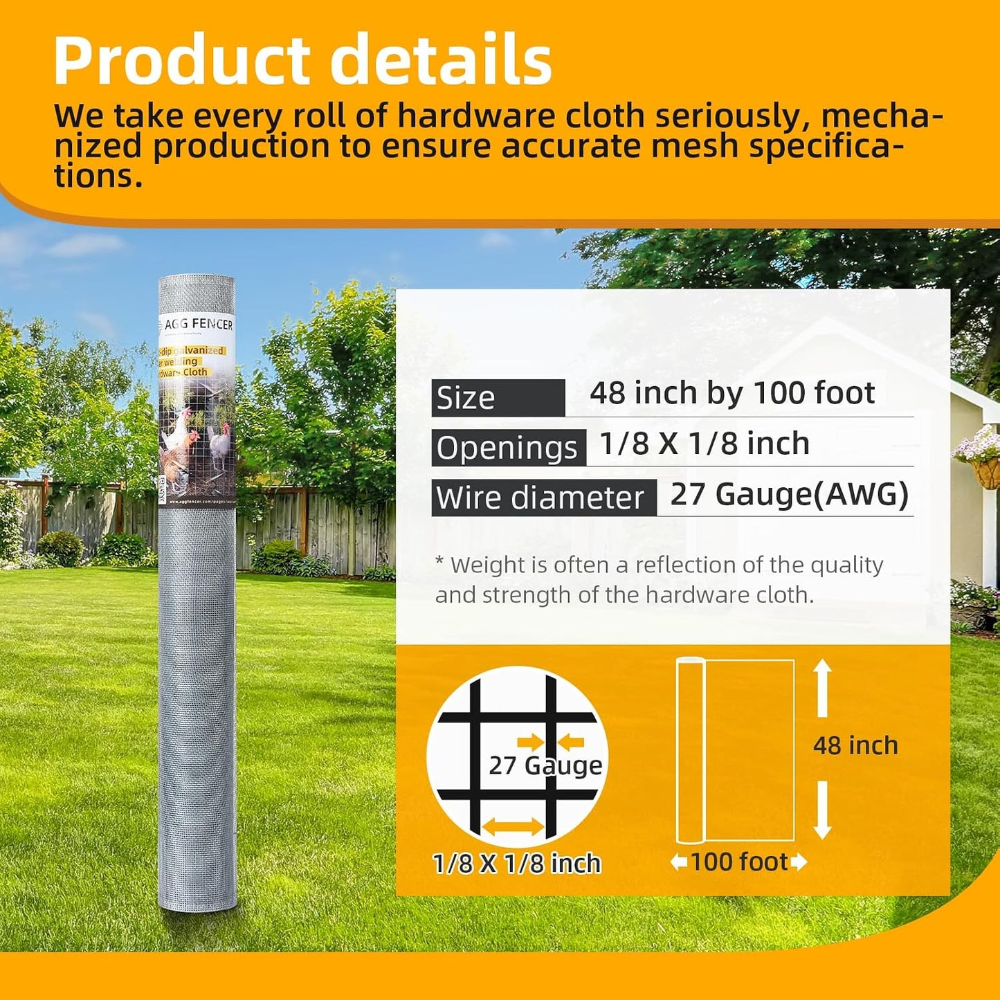 AggFencer 16in x 10ft Hardware Cloth 1/8 inch 27Ga Chicken Coop Wire Fence