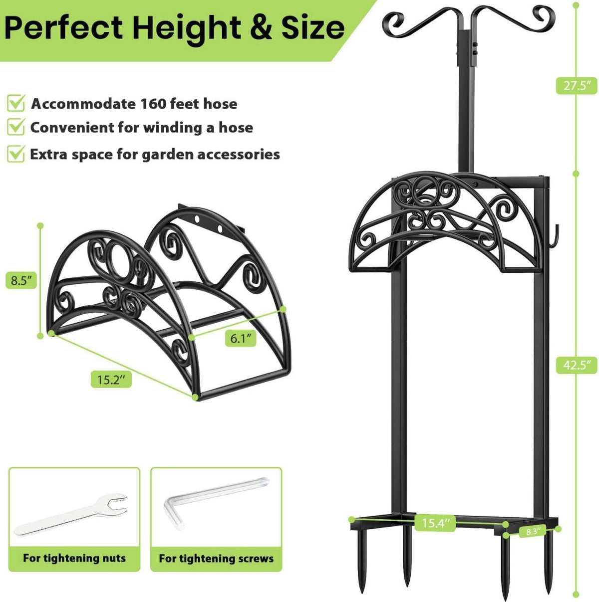 Garden Hose Holder, 4 Spikes Water Hose Hanger for 160FT Hose