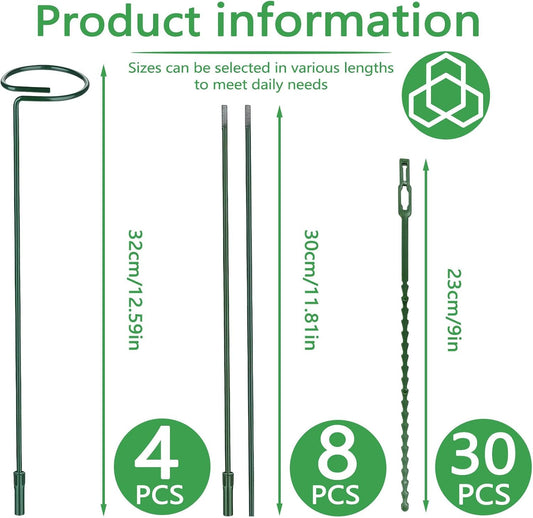 4 Packs Adjustable 35.4" Plant Stakes and Supports with 30 Pieces 9" Twist Ties, Green Plant Holder Stick Outdoor Indoor, Metal Flower Support Stakes Rings for Gardens Vegetables (90 cm)