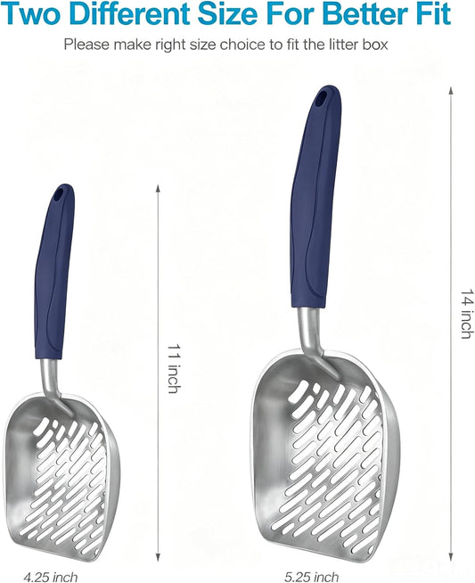 Cat Litter Scoop, Aluminum Alloy Sifter, Kitty Metal Scooper, Deep Shovel with Diagonal Sifting Hole, Long Handle, Kitten Poop Lifter for Litter Box, Medium Size, Blue Handle