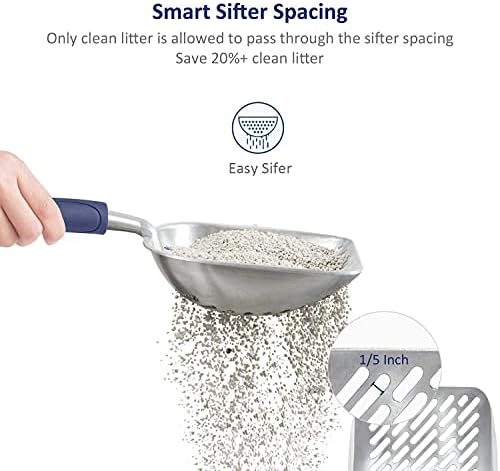 Cat Litter Scoop, Aluminum Alloy Sifter, Kitty Metal Scooper, Deep Shovel with Diagonal Sifting Hole, Long Handle, Kitten Poop Lifter for Litter Box, Medium Size, Blue Handle