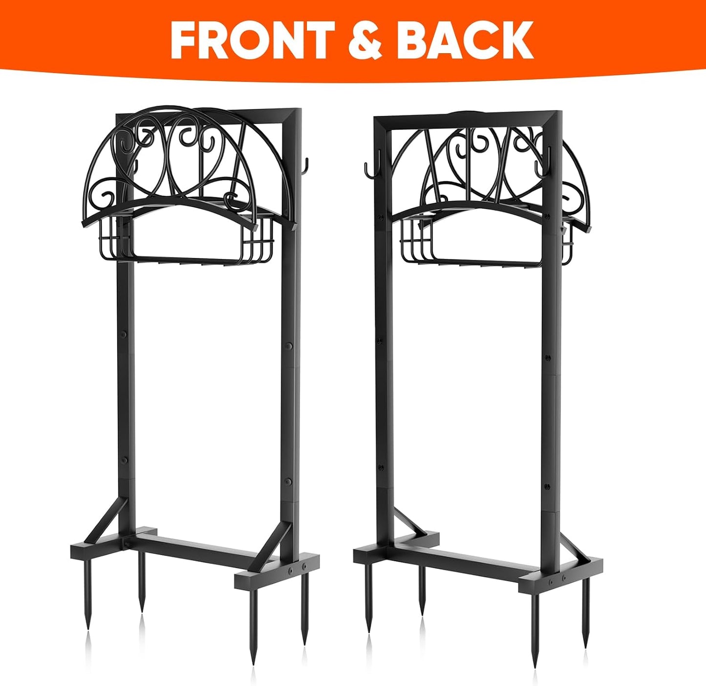 Stable Garden Hose Holder with Storage Basket and Tool Hooks, Heavy-Duty Garden Hose Storage Metal Hose Hanger Holds 160Ft, Rustproof Freestanding Water Hose Holder for Outside,Yard,Lawn,Farm