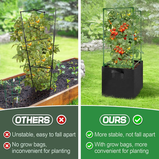 Sturdy Square Tomato Cage with Movable 17 Gal Grow Bags, 2 Sets