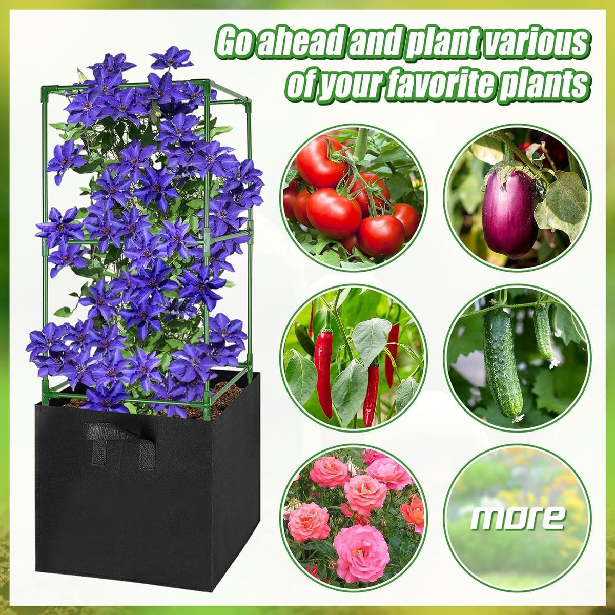 Sturdy Square Tomato Cage with Movable 17 Gal Grow Bags, 2 Sets