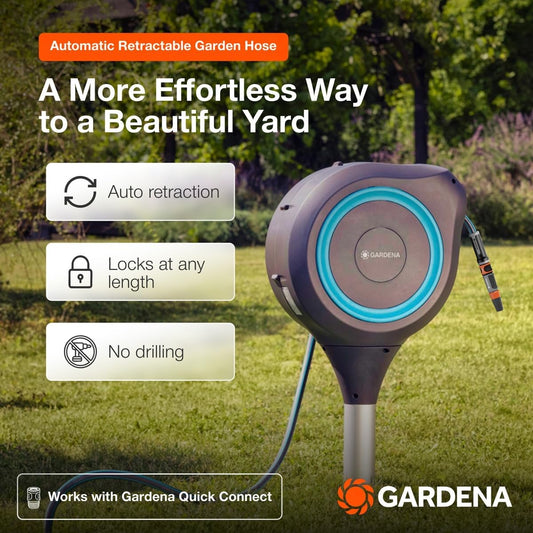 Automatic Retractable Garden Hose Reel - 66 Feet - 360 Degree Swivel Outdoor Hose Reel with Metal Spike Base - Auto Retract - UV Resistant Housing - Easy Install No Tools Required - 18614