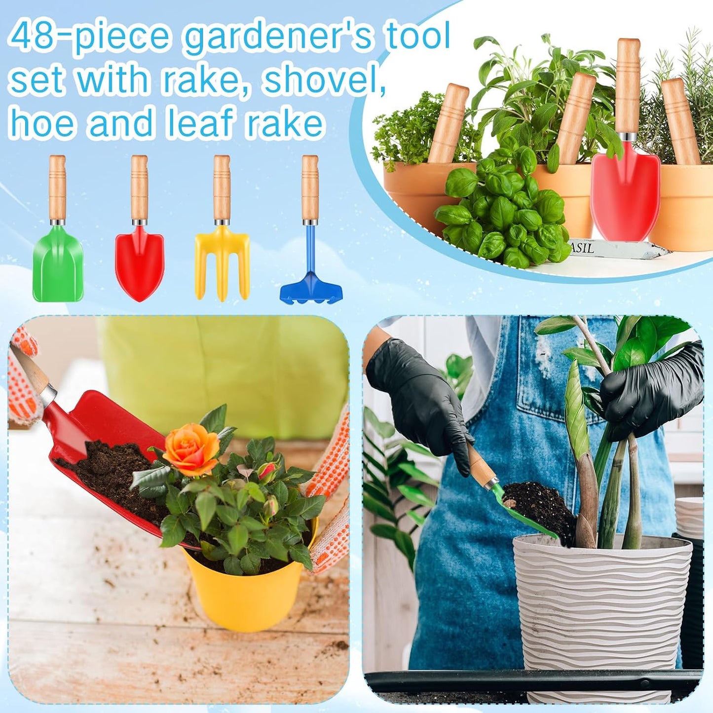 12 Pcs 8" Kids Gardening Tools, Metal Beach Sandbox Digging Toys with Wooden Handle, Including Shovel, Rake, Fork and Trowel, Garden Sand Snow Tools for Children Gift Outdoor Gardening